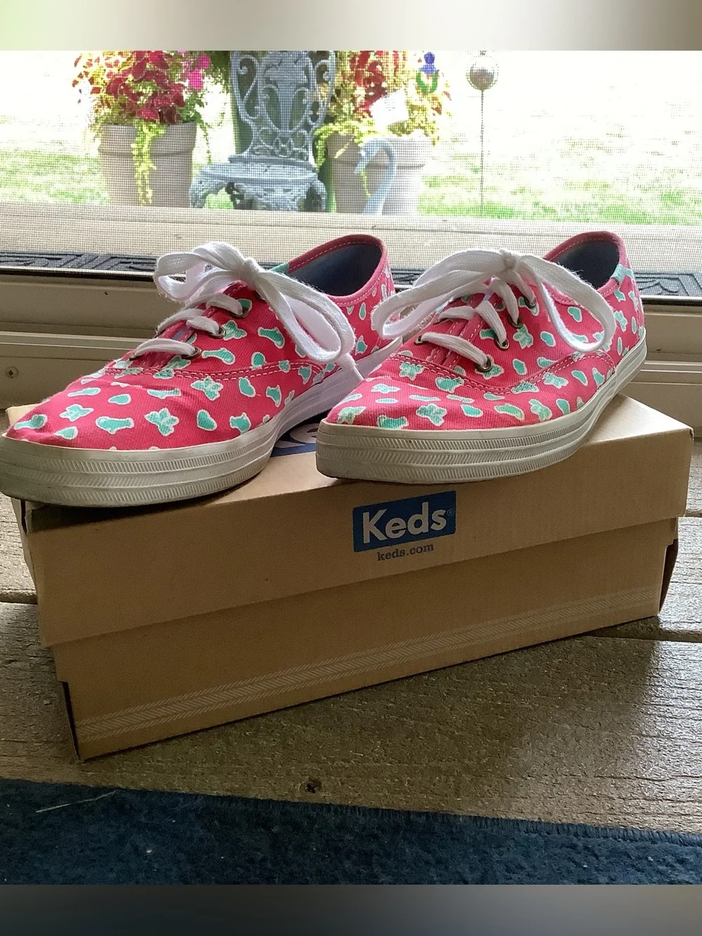 Keds Pink Canvas Sneakers with Mint Green Cat and Heart Print